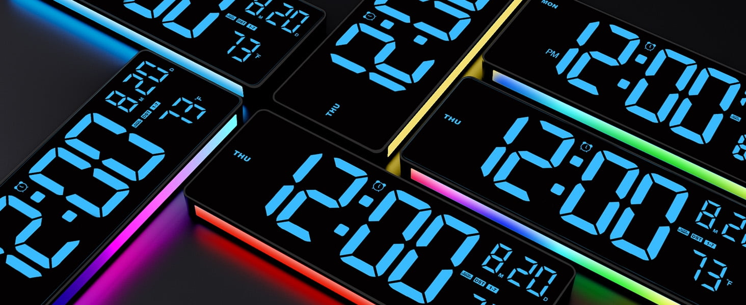 XREXS Digital Wall Clock Large Display, 16.5" LED Wall Clock with 6 Color Changes Night Lights, Auto DST, Count Up/Down Timer Clock with Remote Control for Living Room Bedroom Office Wall Decor