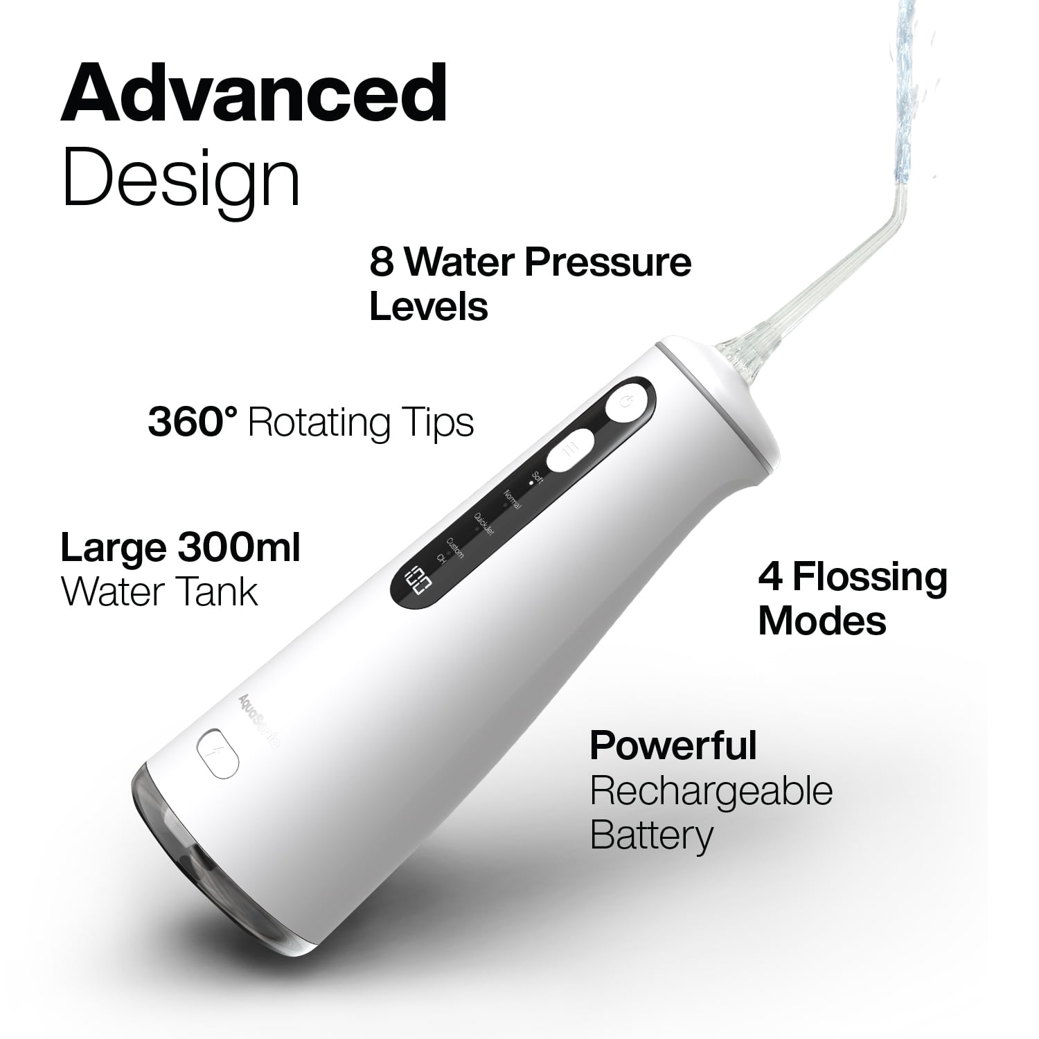AquaSonic Elite Rechargeable Water Flosser - 300ml Tank, 4 Tips, Travel Bag, Waterproof (White)
