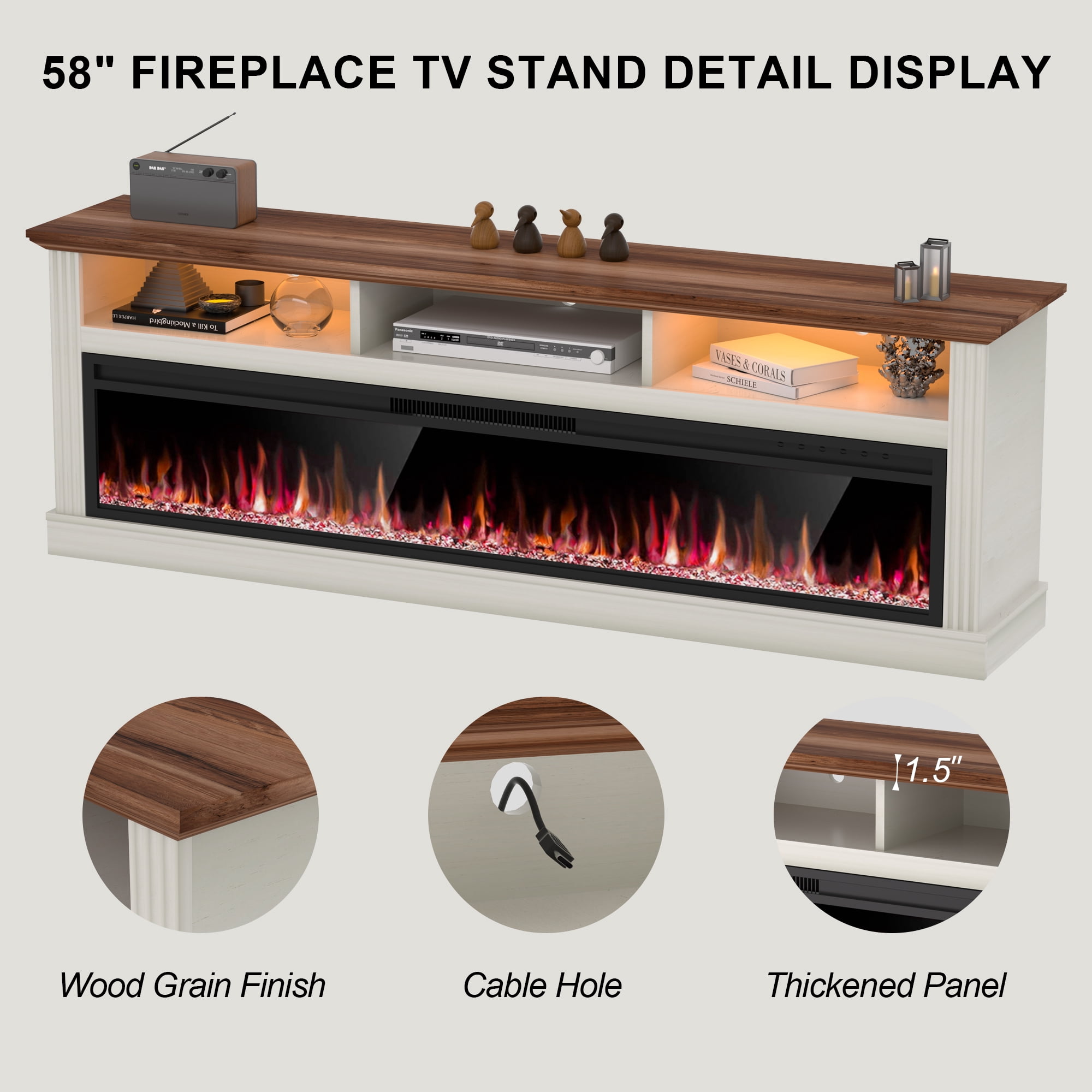 HARIPUL 58" Fireplace TV Stand for TVs Up to 65" with 52" Electric Fireplace,White Entertainment Center with Storage Cabinets,Led Light TV Consoles for Living Room,White/Crystal Fireplace