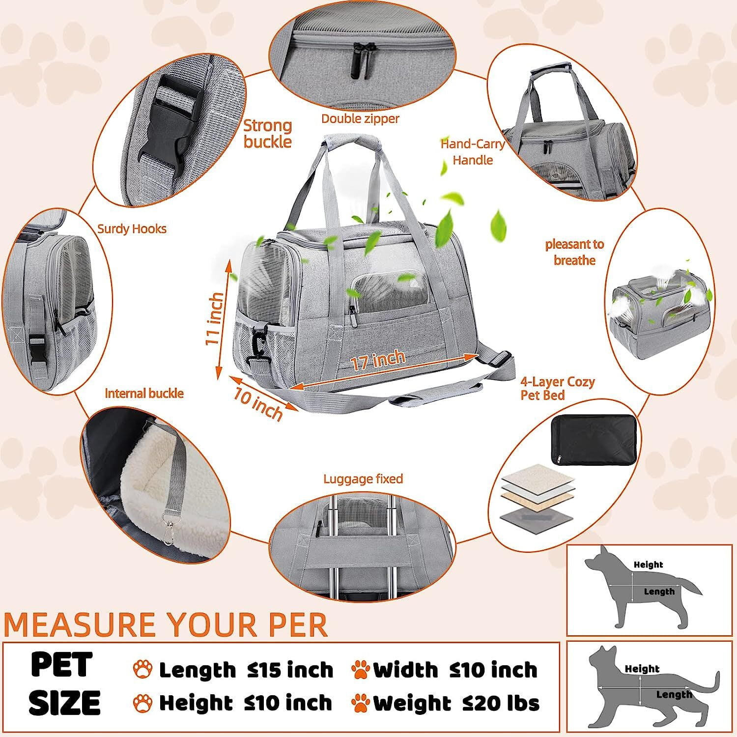 RUseeN Pet Carrier Bag Airline Approved for Cats and Dogs Cats Puppies up to 20 Lbs, Soft Sided, Collapsible Travel Puppy Carrier - Pink