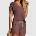 thumbnail image 3 of Linen Two Piece Set Women Short Sleeve V-Neck Blouses & Shirts Sets 2PC Women's V Neck Shorts Sleeve Two-piece Comfortable Home Pajamas Set Sports Set Women's Two Piece Outfits Brown m, 3 of 5