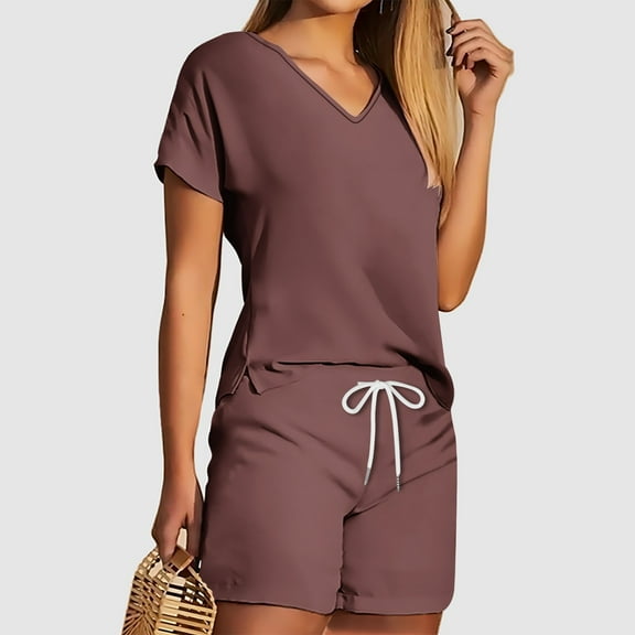 Nuoqisi Women 2 Piece V Neck Matching Lounge Sets Clothing Spring Cap Sleeve Shirt and Shorts 2026 Summer Airport Outfit