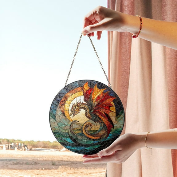 Fire Dragon Stained Glass Panel - Epic Fantasy Art Window Hanging for Mythical Decor Lovers 1806593087