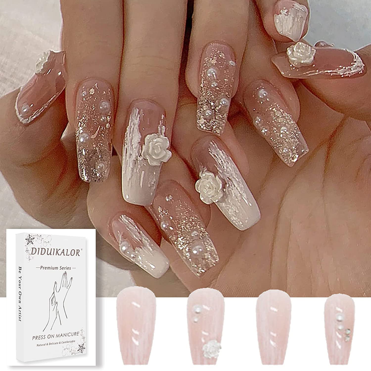 Press On Nails White, Medium Fake Nails with Nail Glue and Jelly Gel, White  Flower Pearl Coffin Acrylic False Nails for Women Girls Trendy Luxury  Charms uñas acrilicas con diseños decoradas -