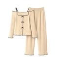 thumbnail image 5 of sdhkgrrt Women's 2 Piece Matching Pajama Set Off Shoulder Long Sleeve Top Elastic Waisted Wide Leg Pants Solid Comfy Casual Lounge Set Soft Loose Fit Tracksuit, Beige S, 5 of 8