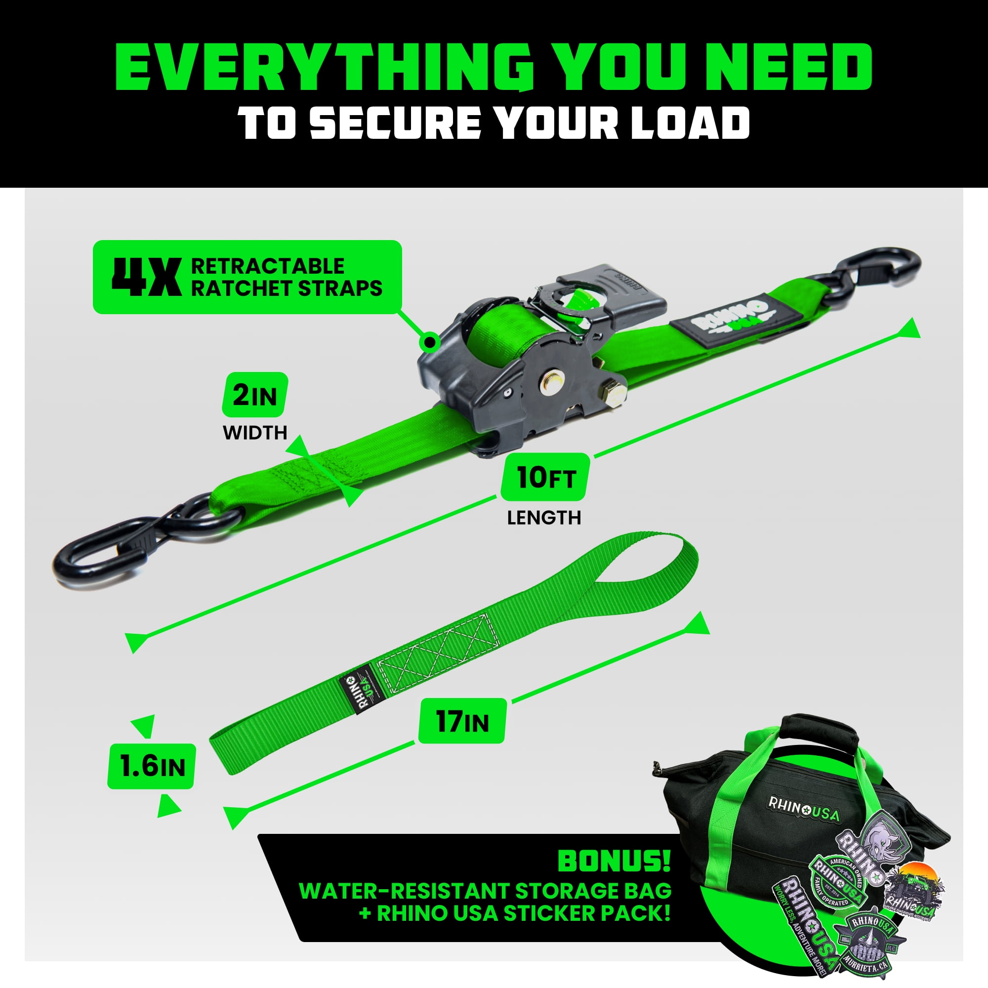 Rhino USA Heavy Duty 2" x 10' Retractable Ratchet Straps 3,033lb Break Strength (Green 4 Pack)
