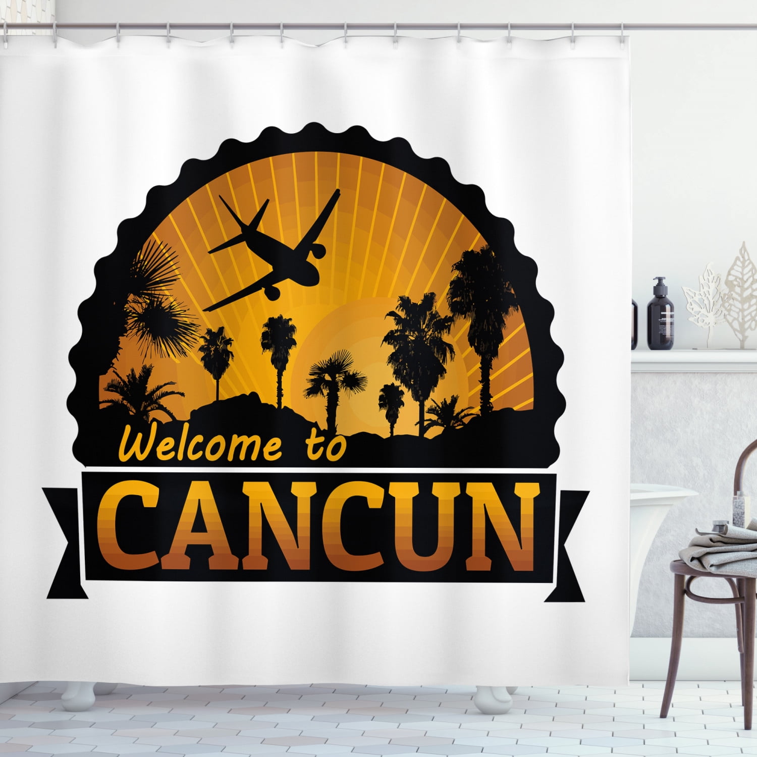 Cacun Shower Curtain, Welcome to Cancun Lettering with Palm Trees and ...