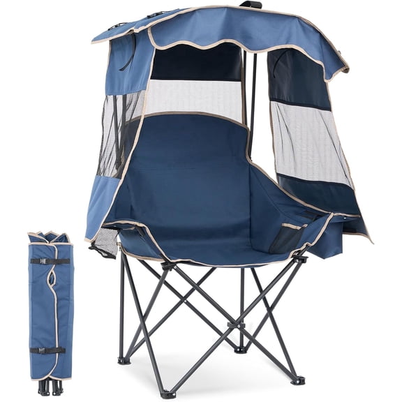 ABORON Camping Chair with Canopy Sunshade, Portable Folding Camping Chair for Outdoor & Beach, Heavy Duty Lawn Chair for Adults with Cooler Bag and Cup Holder, Supports 330 lbs - Navy Blue