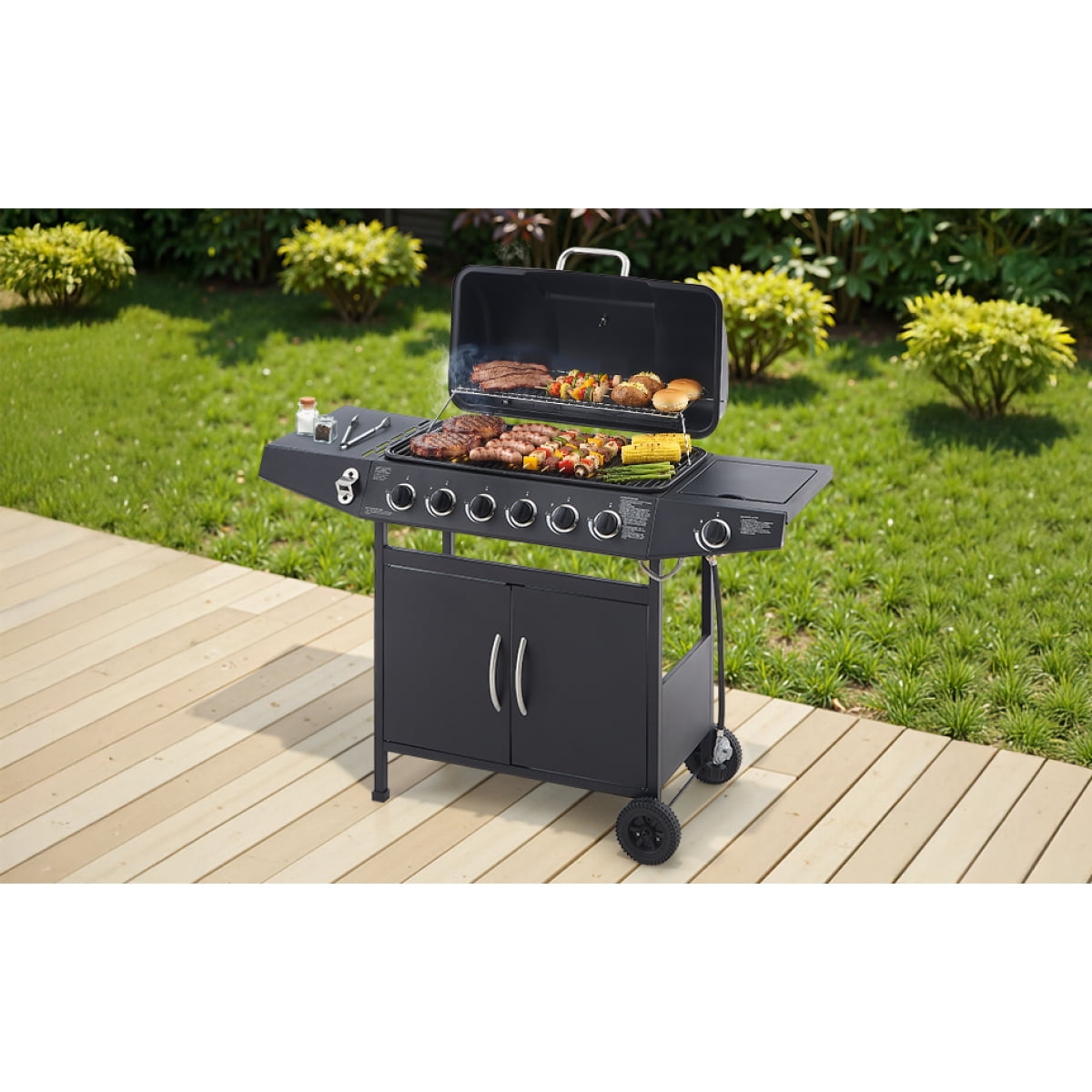6 Burner BBQ Propane Gas Grill with Side Burner 59000 BTU Output Stainless Steel Barbecue Grill with Enamel Coated Grates and Side Tables for Outdoor Cooking Kitchen and Patio Backyard