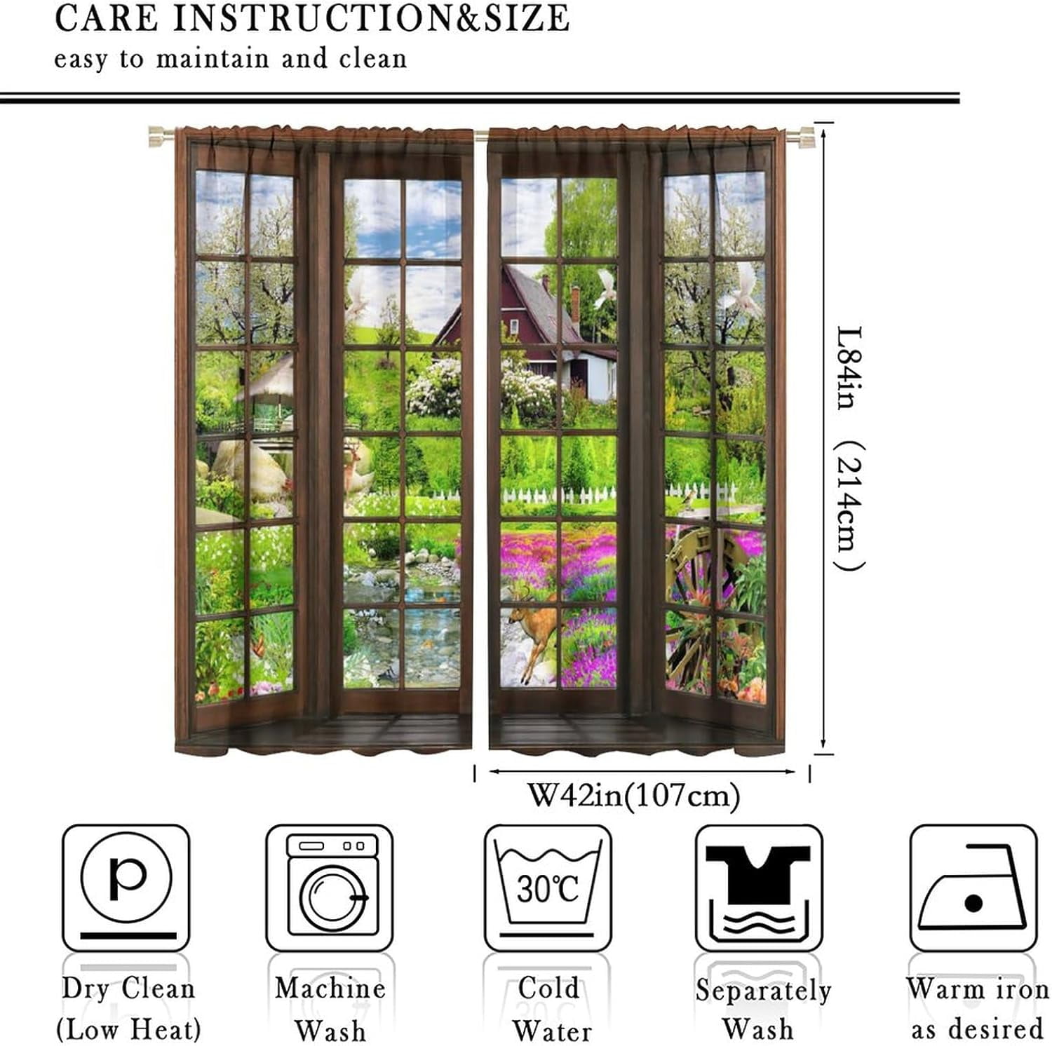 Landscape Curtains, Windows in Farmhouse Hut Wildlife Woods Creek Nature Landscape, Blackout Noise Reduction Curtains for Bedroom Living Room, 2 Panel Set,84X84 Inch, Style-5