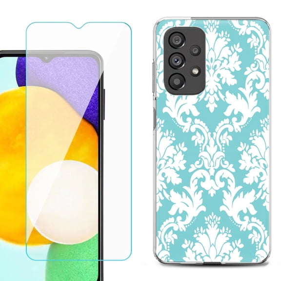 Slim-Fit Gel TPU Phone Case for Samsung Galaxy A23 5G, with Tempered Glass Screen Protector, by OneToughShield ® - Victorian White/Teal