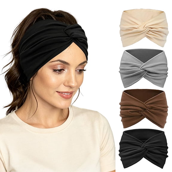 4 Pack Twist Knot Wide Headbands for Women, Soft Stretchy Non Slip Turban Hair Wraps, Solid Color Sweat Hair Bands for Yoga Skincare Workout Daily Wear