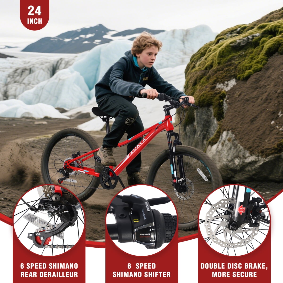 LuckyNote 24 Inch 6-Speed Mountain Bike, Steel Frame, Front & Rear Disc Brakes, Suspension Fork, Red