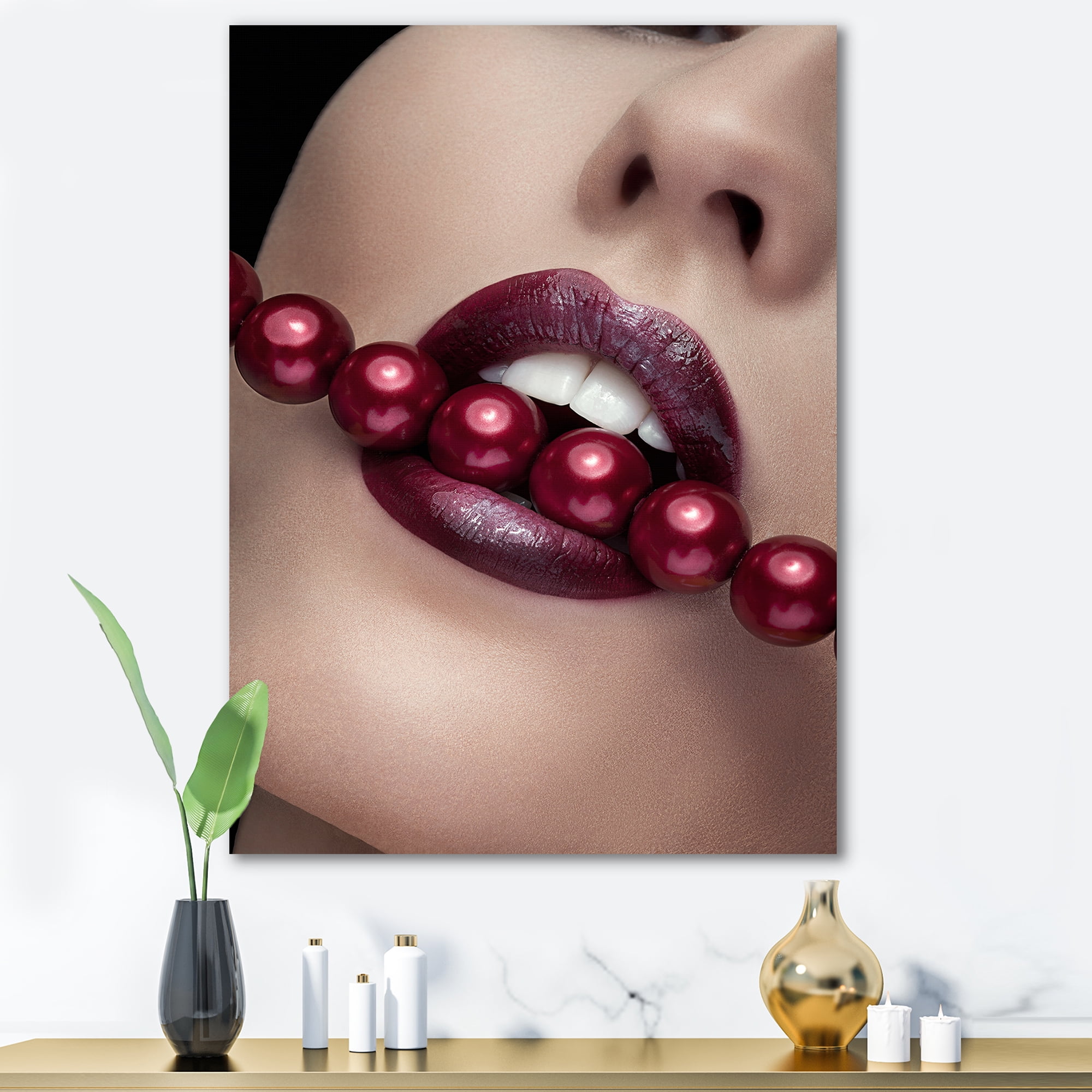 Designart ' Girl Bitting With Red Lips With Red Pearls ' Modern Canvas Wall Art Print