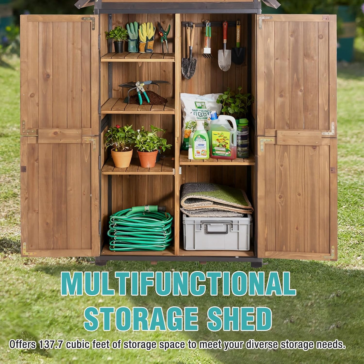 MEDEHOO Sheds Outdoor Storage,Garden Shed with Metal Frame Structure and Adjustable Shelves,Large Capacity Storage Tool Cabinet Box for Backyard Garden Patio Lawn (Brown)