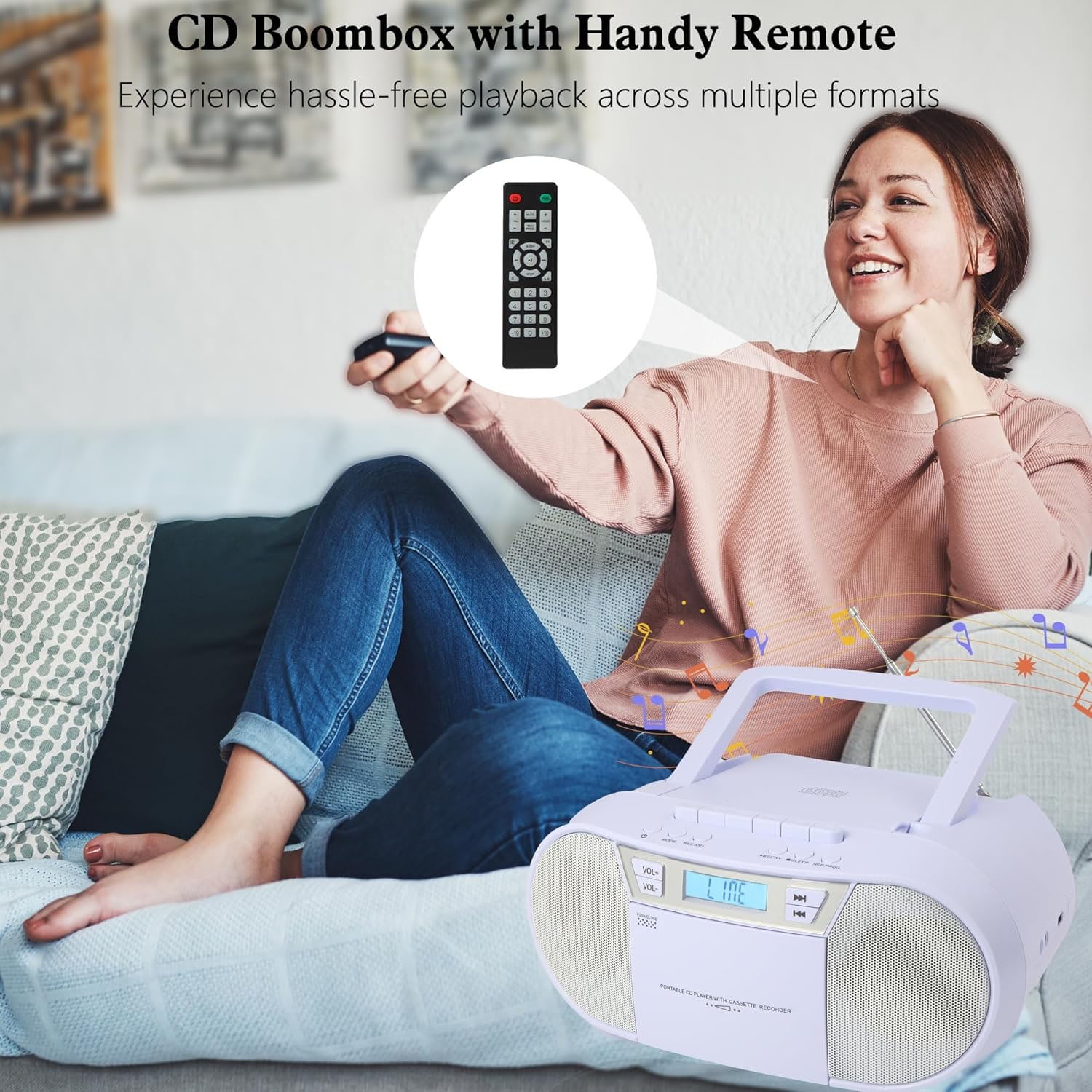 Boombox CD Player Portable, Cassette Player Combo with CD MP3 Bluetooth AUX TF USB FM Radio AC/DC Powered, with Remote Control, Headphone Jack, Stereo Sound for Home,Kids,Gift(White)