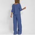 thumbnail image 6 of GILIGEGE Linen Sets for Women 2 Piece Summer Ladies' Casual Summer Solid Color Short Sleeved Cotton and Linen Top Loose Pants Set Wide Leg Pants Tracksuit Lounge Matching Sets Blue L, 6 of 7