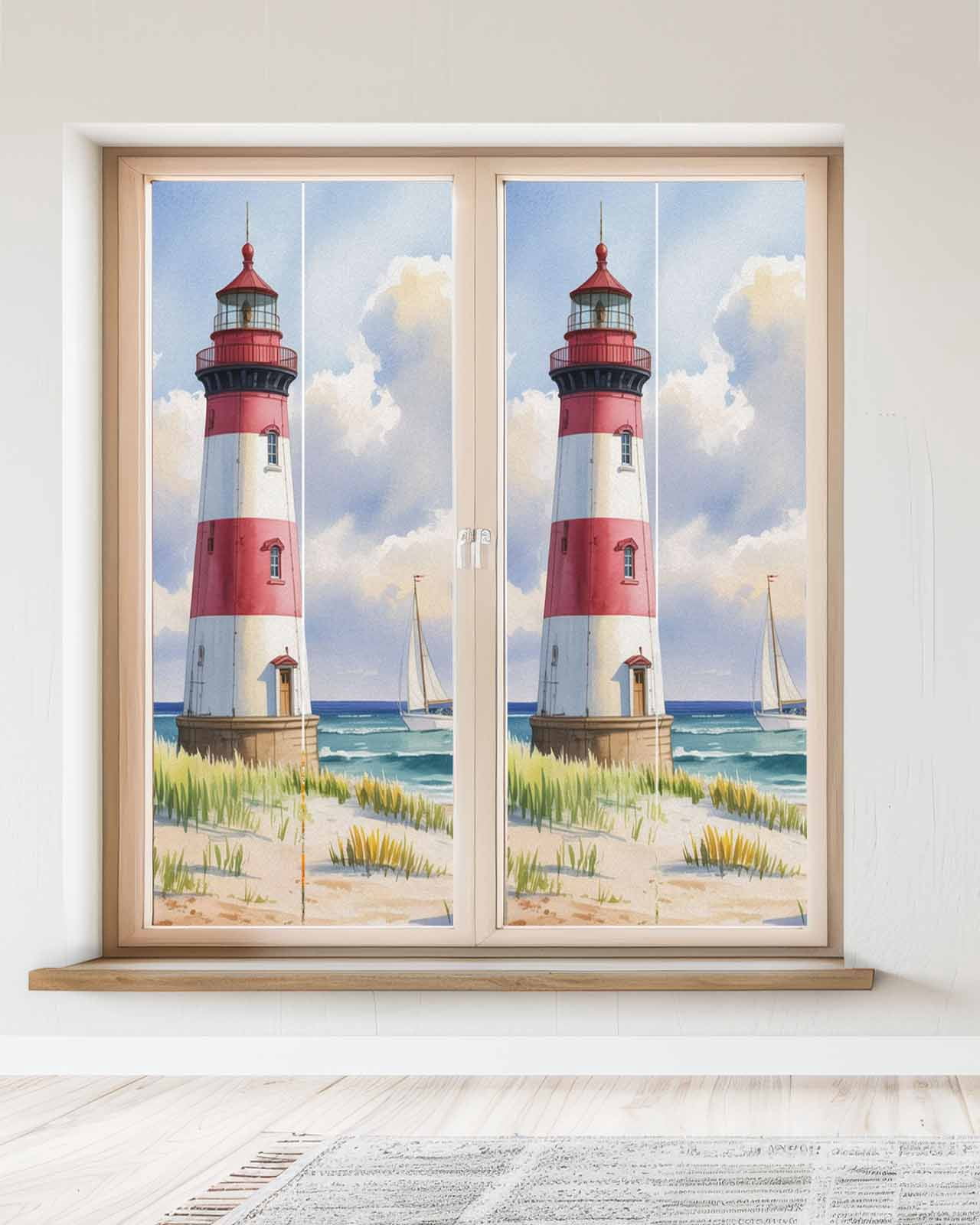 Window Privacy Film Beach Lighthouse Stained Glass Window Film Decorative Sun Block Window Cover Coastal Ocean Ship Sky Oil Painting Window Clings Static Adhesive Sticker for Bathroom 23.6"x59"