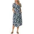 thumbnail image 2 of INSPIRE CHIC Women's V Neck Short Sleeve Summer Casual Loose with Pockets Floral Midi Dress  M Dark Blue, 2 of 6