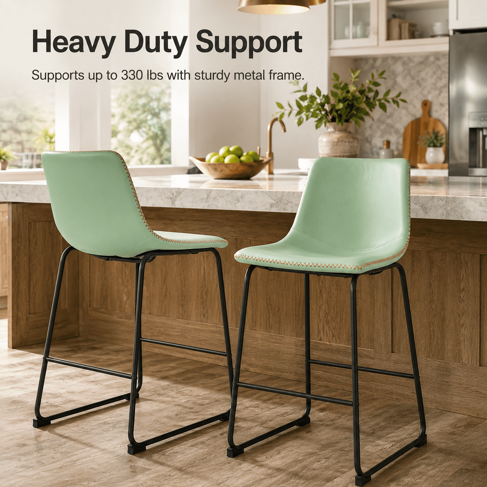 Alvantor 26 Inch Counter Height Bar Stools Set of 2, Armless Industrial Faux Leather Barstools with High Back and Metal Legs, Upholstered Comfortable Bar Chairs with Footrest