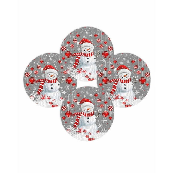 Christmas Round Placemats Set of 4 Snowman Place Mats Washable Woven Placemat Snowflake Red Christmas Balls Grey Circle Braided Table Mat for Kitchen Dining Table Party Home Decor 15 Inch