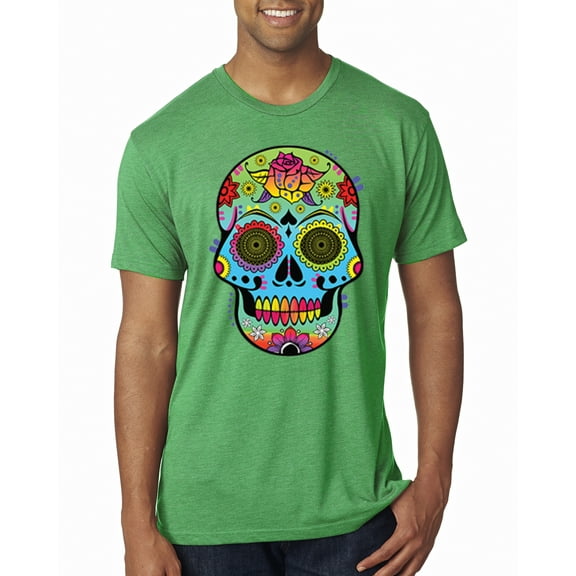 Wild Bobby, Colorful Floral Sugar Skull Streetwear Mens Premium Tri Blend T-Shirt, Envy, Small