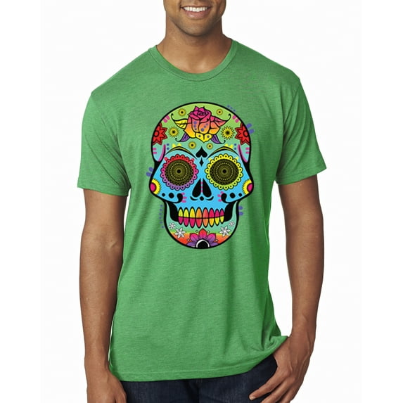 Wild Bobby, Colorful Floral Sugar Skull Streetwear Mens Premium Tri Blend T-Shirt, Envy, Small
