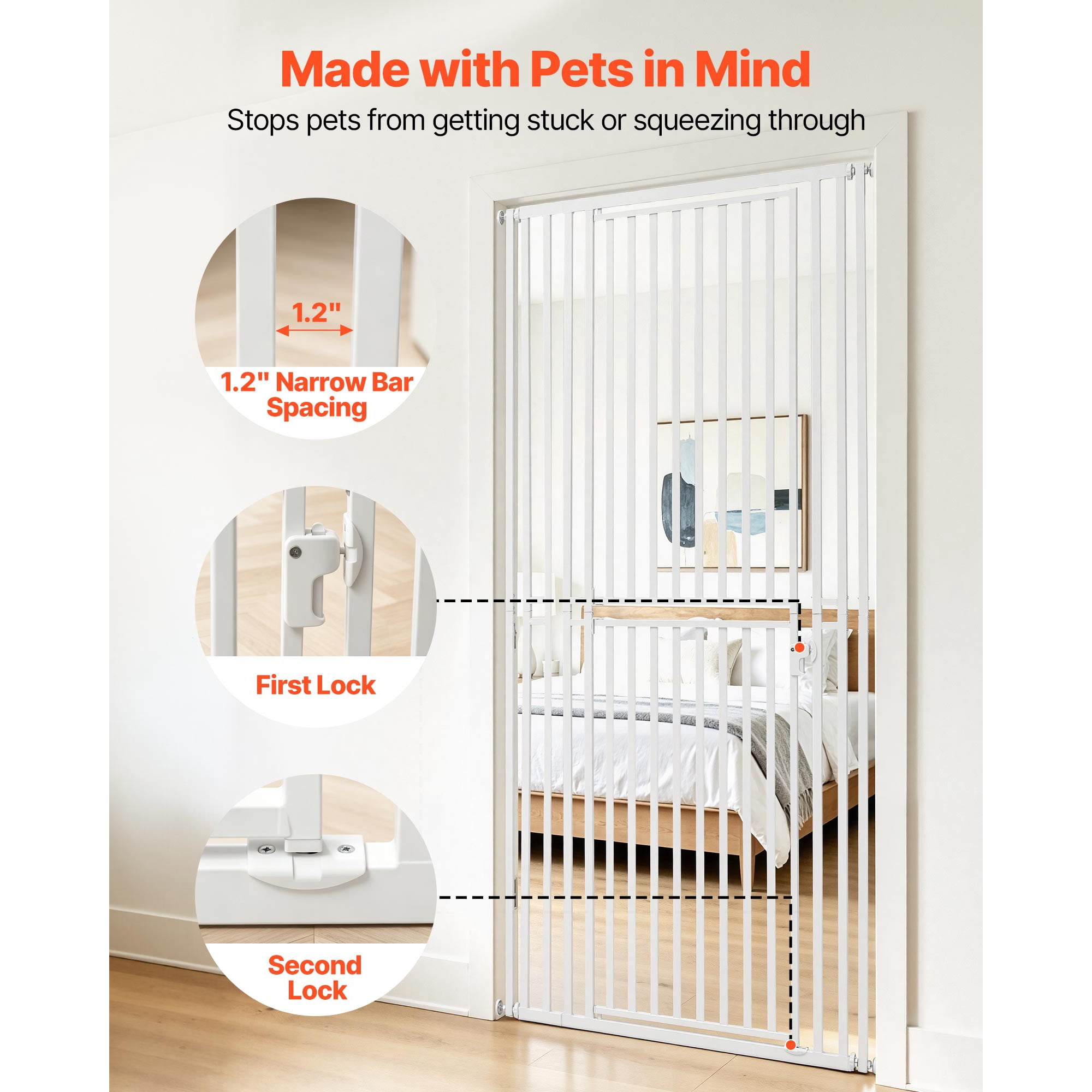 KFFKFF Extra Tall Pet Gate for Cats, Adjustable Width 28-34 in, 78.7 in High Dog Gate with Pressure and Wall Mount Kits, 1.2 in Narrow Bar Spacing, Suitable for Stairs, Doorways, and Home Use, Black
