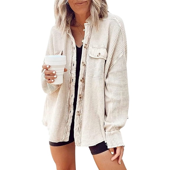 Shackets for Women 2025 Waffle Knit Tops Long Sleeve Button Down Shirt Fall Jackets Outfits Corduroy Jacket