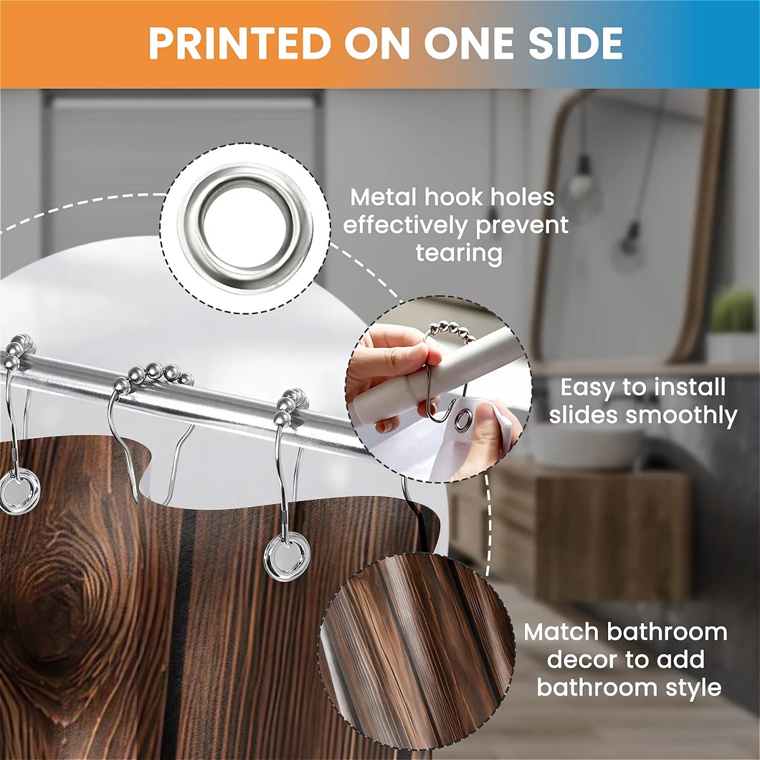 ARTSLION Shower Curtain Navy Blue Geometric Water Repellent Shower Curtain Set, With Hooks，Machine Washable, Modern Decorative Polyester Cloth Shower Curtains For Bathroom,72X84,Brown Wood Texture