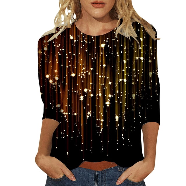 Hauts à Paillettes pour Femmes Fête Soirée Décontracté Manches 3/4 Mode Imprimé Floral Col Rond T-Shirts Scintillants Légers Carnaval Blouses Brillantes Chandail Tenues Orange G