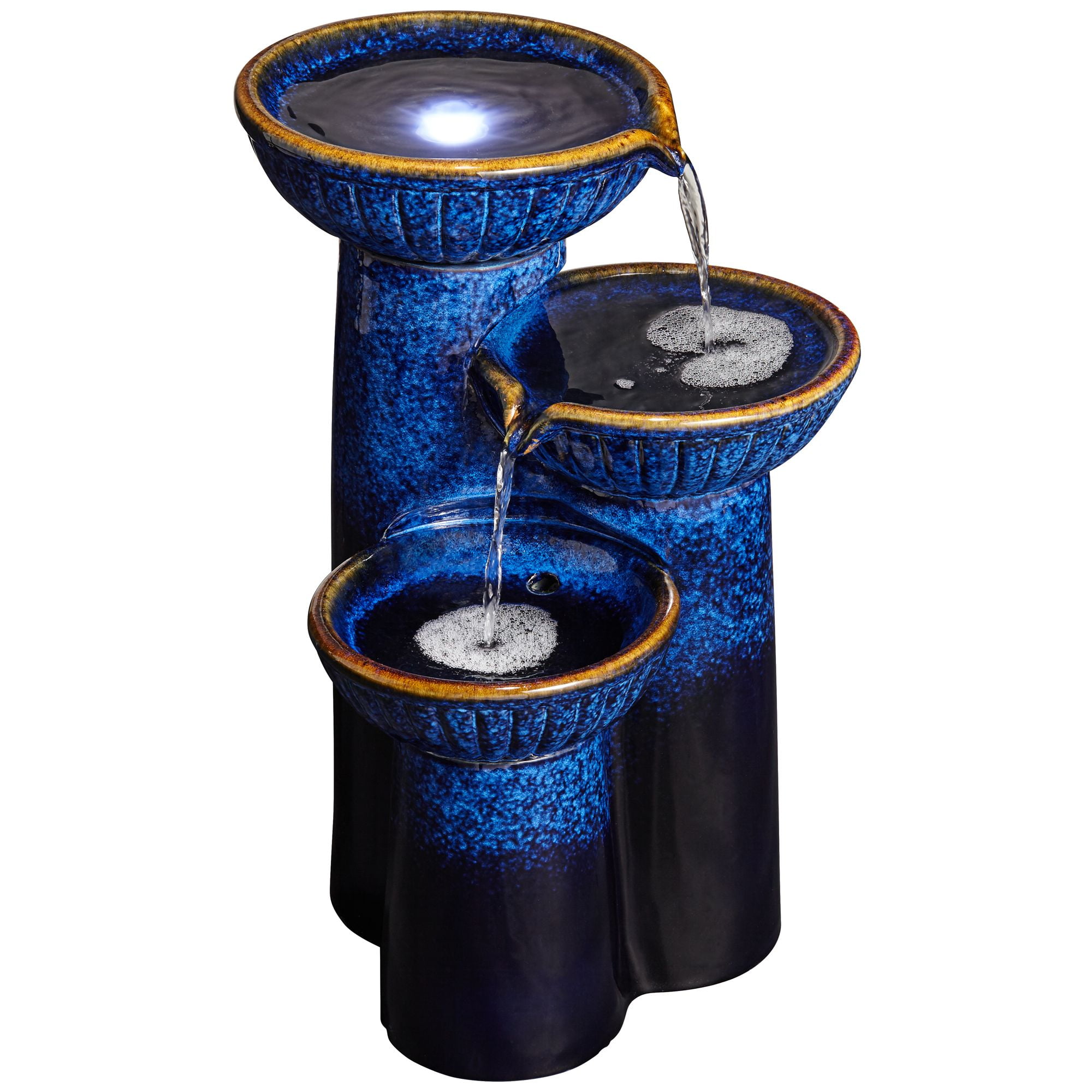 3-Bowl 26 3/4" High Large Modern Outdoor Decor Blue Cobalt Ceramic Floor Fountain with Light LED Garden Patio