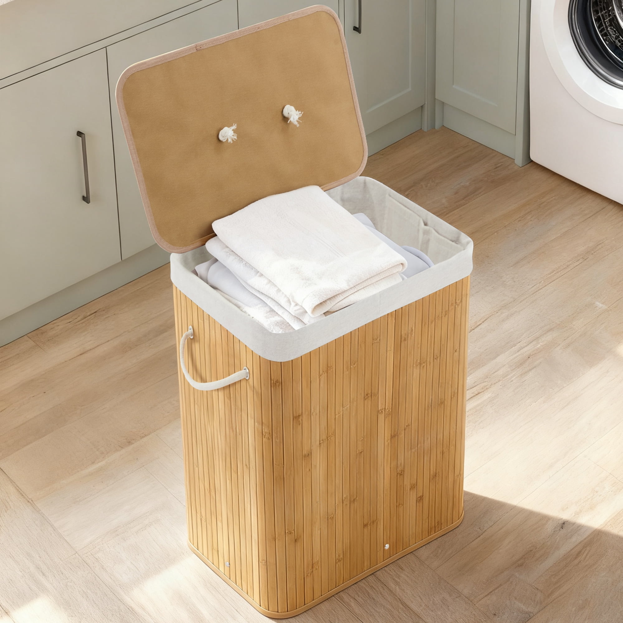 Garvee Folding Bamboo Laundry Hamper with Lid, 27.5 Gallon Large Capacity Wooden Basket with Washable Liner Bag, Slim Space-Saving Clothes Organizer for Small Bedroom, Apartment, Dorm, Natural