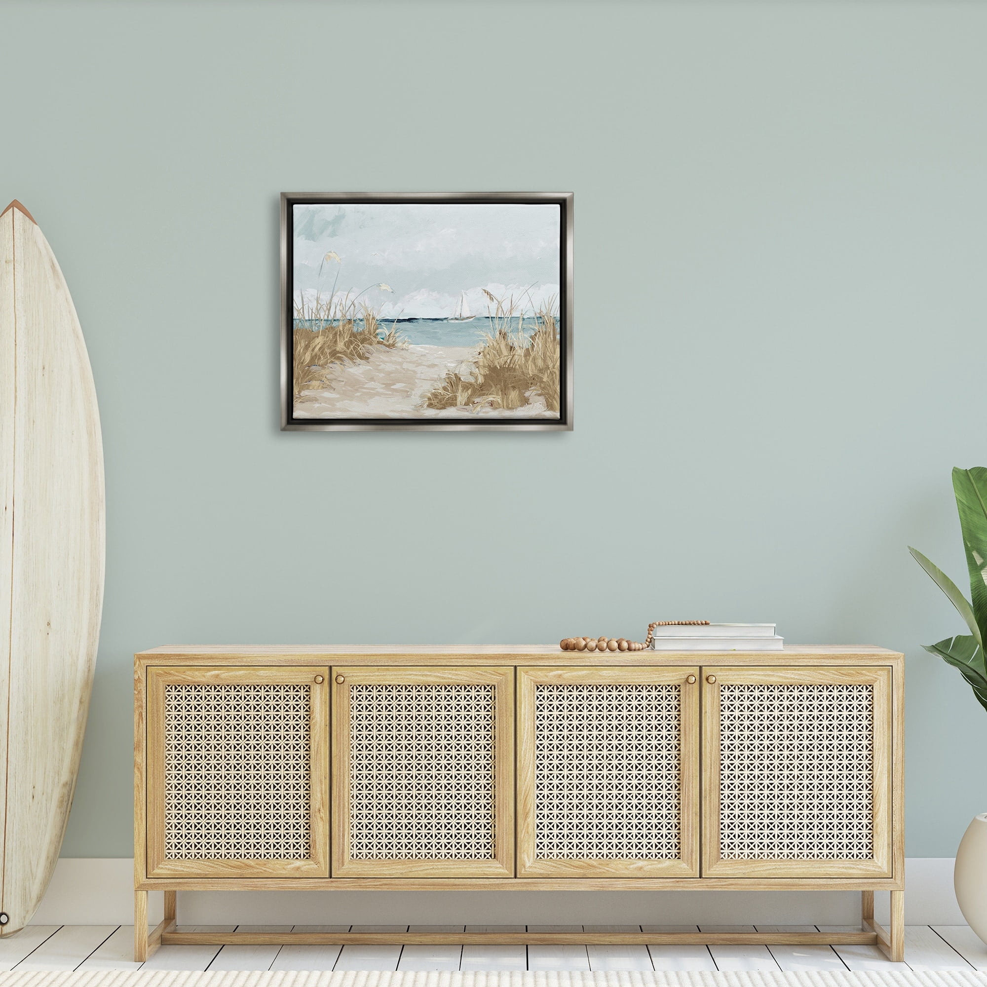 Stupell Industries Sandy Beach Walkway Distant Sailboats Floating Sea Painting Luster Gray Floating Framed Canvas Print Wall Art, Design by Julie Derice