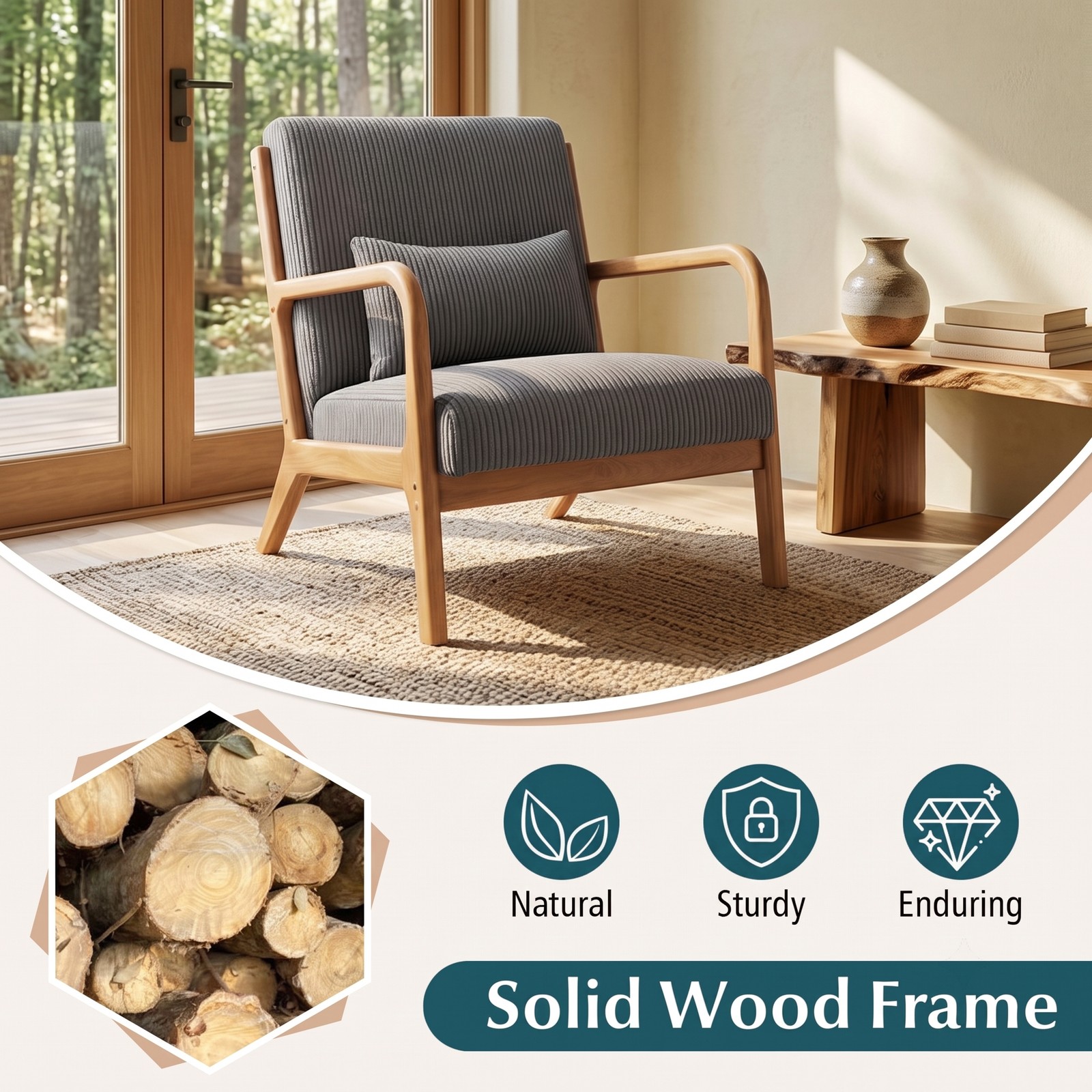 Furnibear Accent Chair, Corduroy Upholstered Lounge Chair with Lumbar Pillow, Ergonomic 105-Degree Backrest, Solid Wood Frame Armchair for Living Room Bedroom, Gray