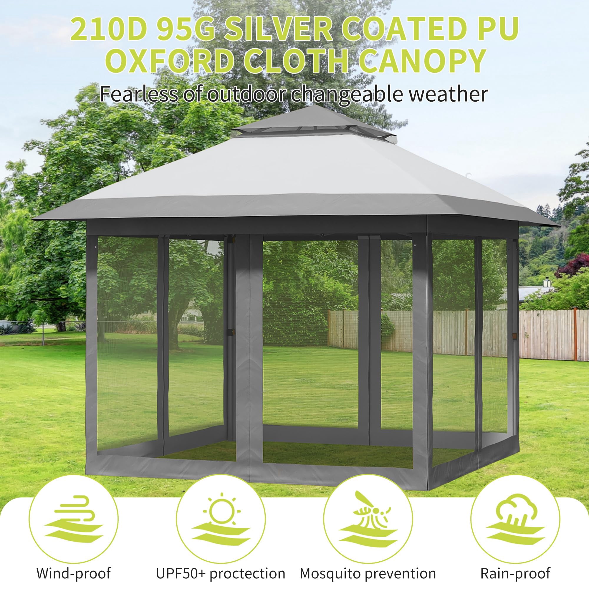 Kojooin 10x10 Pop Up Gazebo, Outdoor Canopy Tent with Mosquito Netting, Pop Up Canopy Tent with Curtains/Adjustable Height/Wheeled Carrying Bag for Patio Garden Backyard Lawn
