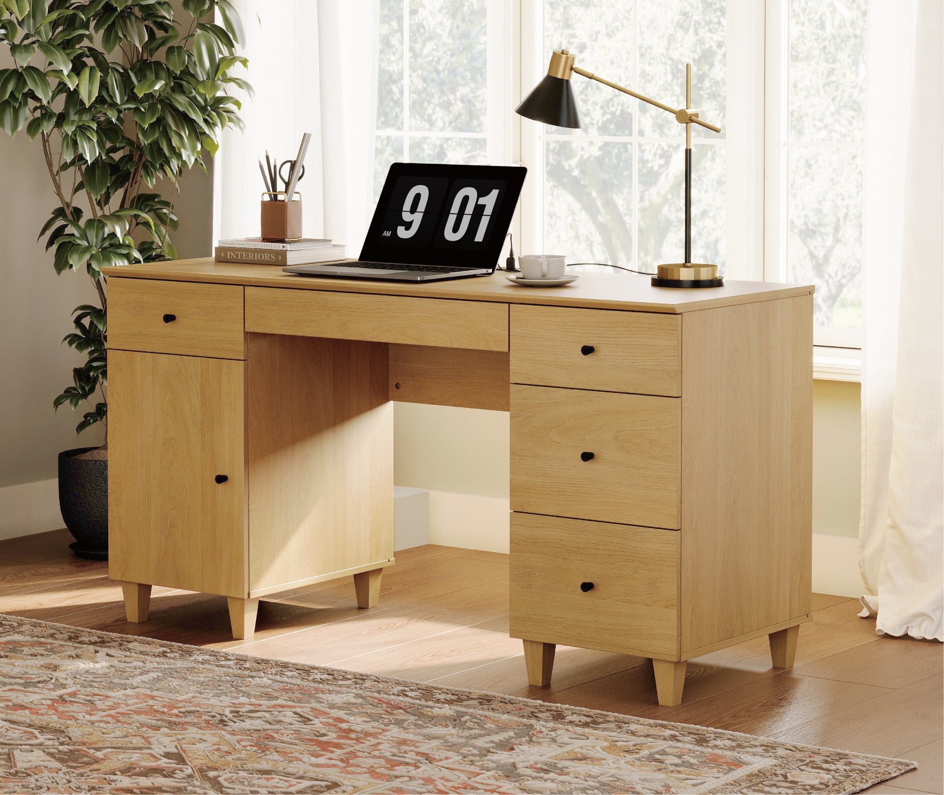 WAMPAT 58" Executive Desk with 5 Drawers and 1 Door, Modern Farmhouse Home Office Computer Table with Charging Station, Oak