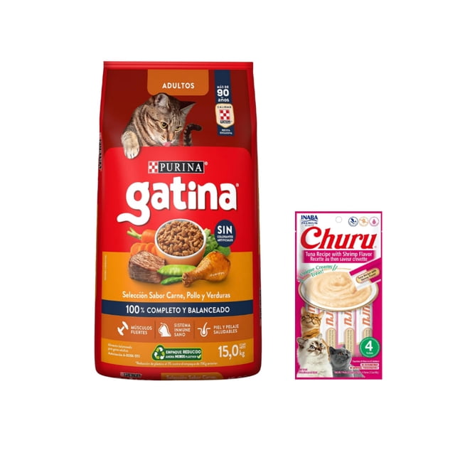 Gatina Pollo 15 kg + Churu Atún con Camaron Sobre con 4 Tubos de 14 g