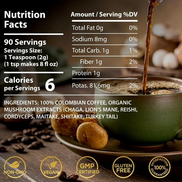 LYFE Organic Instant Decaf Mushroom Coffee, 40 Servings – Lion's Mane, Chaga, Cordyceps & Turkey Tail