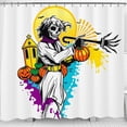thumbnail image 1 of Whimsical Skeleton Trumpet Player Shower Curtain - Halloween Decor with Pumpkins & Colorful Splashes, 1 of 4