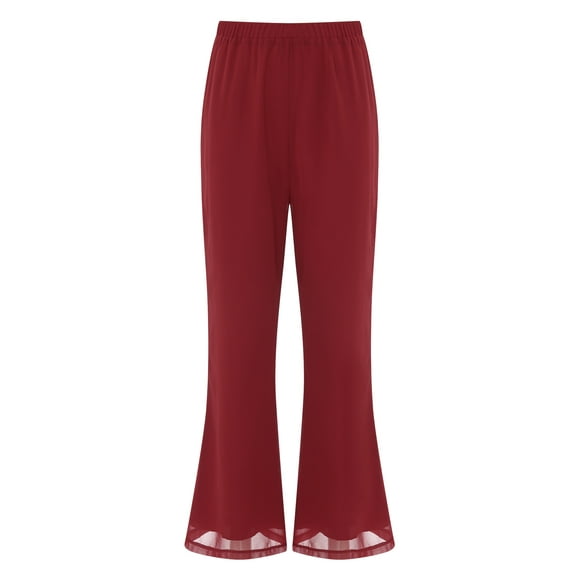 Ocealan Women's Summer Casual Chiffon Pants Wide Leg Palazzo Pants Elastic Waistband Dressy Long Trouser Burgundy XL