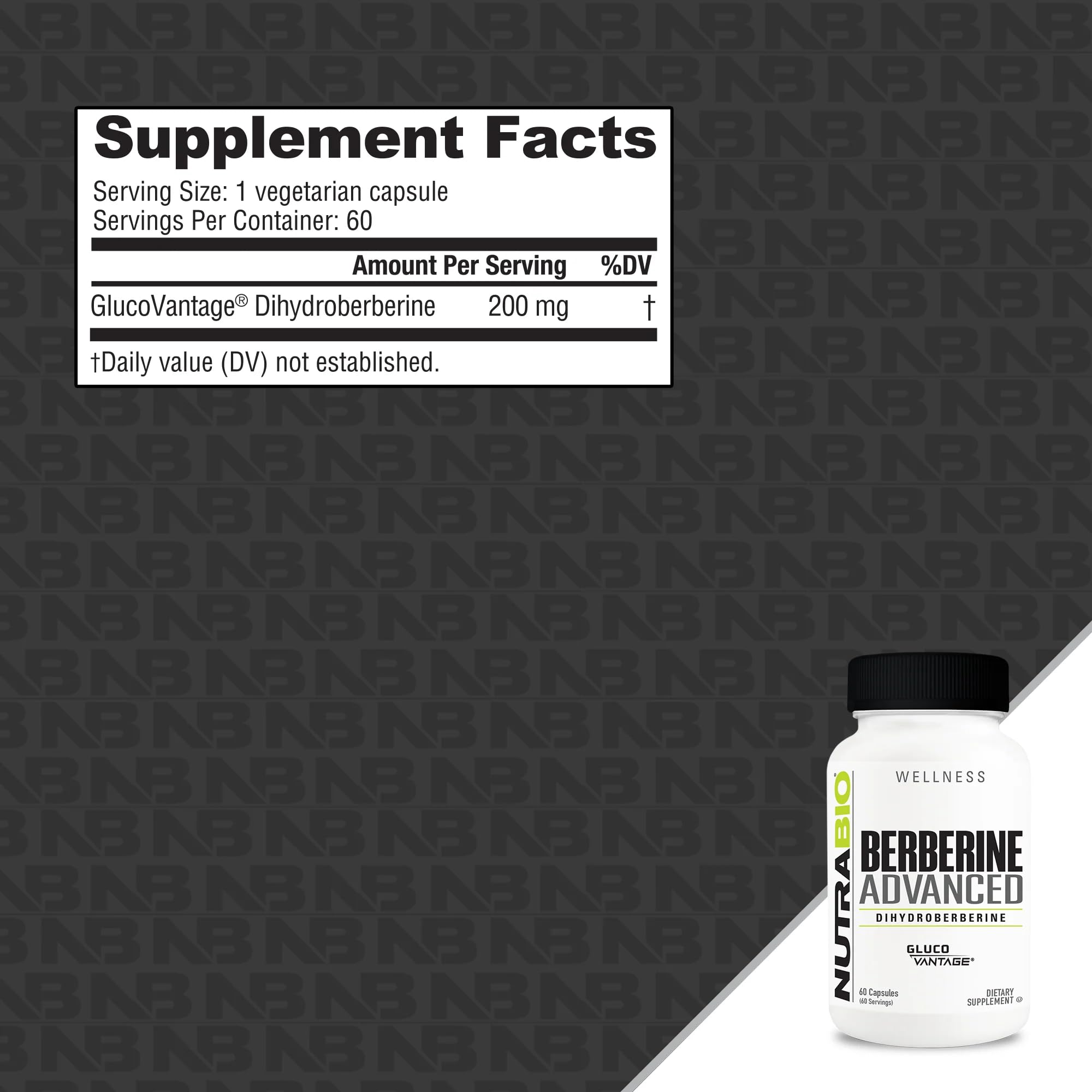 NutraBio Berberine Advanced Supplement (Dihydroberberine) Advanced Absorption Carbohydrate Tolerance Support, 200 mg, 60 Capsules