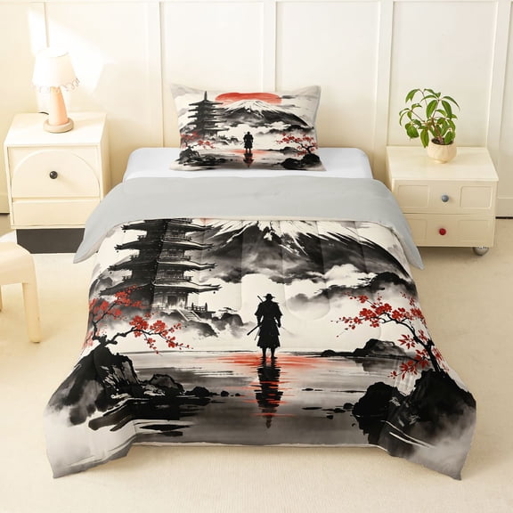 Homewish Japanese Landscape Twin Comforter Sets,Sunset Ink Painting Bedding Set,Red Cream,Light Gray Reversible,2pcs,1 Comforter and 1 Pillowcase