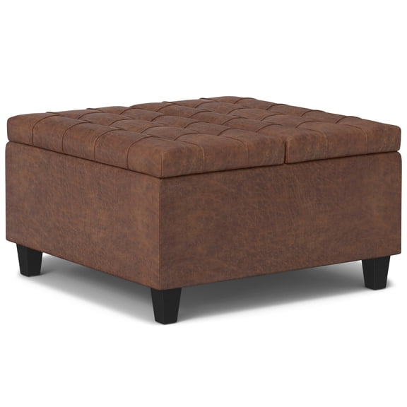 Artistic Accomplishment Wide Transitional Coffee Table Storage Ottoman in Distressed Saddle Brown Vegan Faux Leather with Rubberwood, 30 In D x 30 In W x 16.5 In H