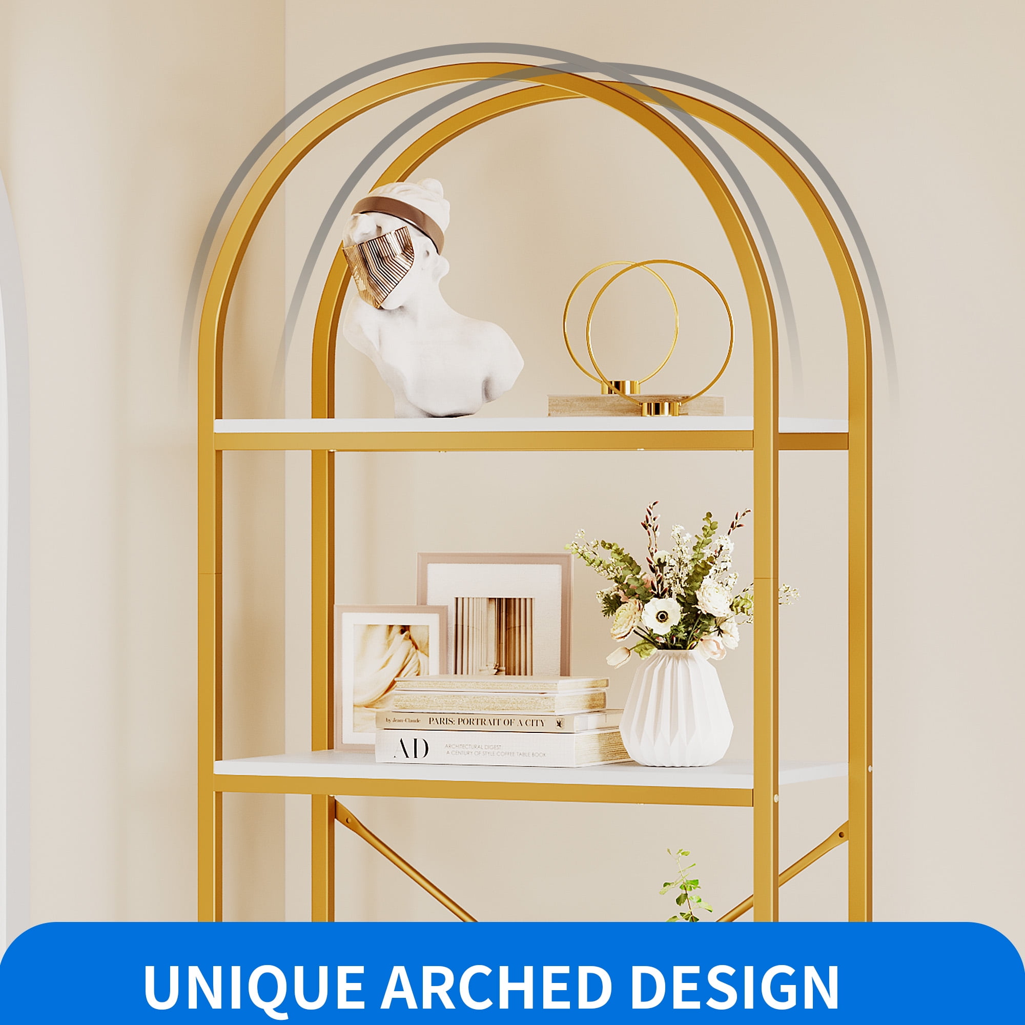 Dextrus 4 Tier Arched Bookshelf and Bookcase, Gold Modern Open Book Shelf, Mental Frame Storage Display Rack Shelves Organizer for Bedroom Living Room Office White& Gold