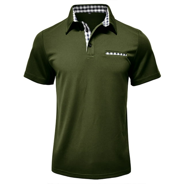 Adult Men Polo Shirt Short Sleeve Button Tee Shirts Basic Green Men Dress Shirt