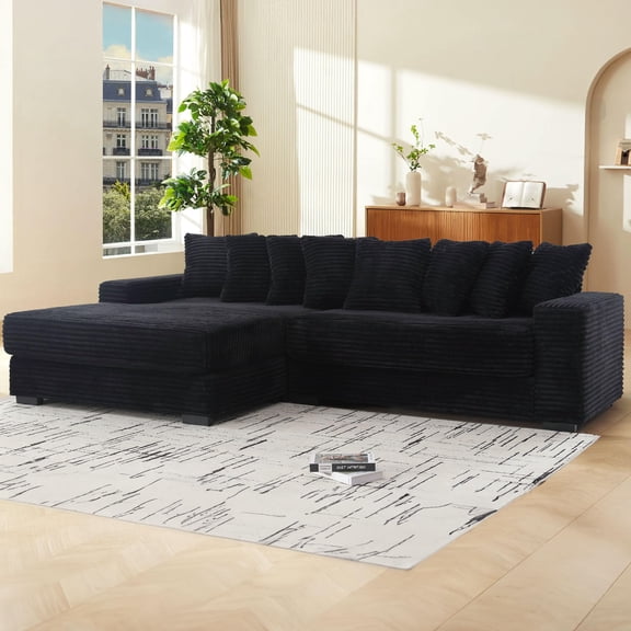 111" Modern Sectional Couches, L-Shaped Corduroy Couch with Extra-Wide Chaise Lounge, 8 Pillows, Comfy Deep Seat Corner Sofa for Living Room (Black, 111" W Left Facing Chaise)