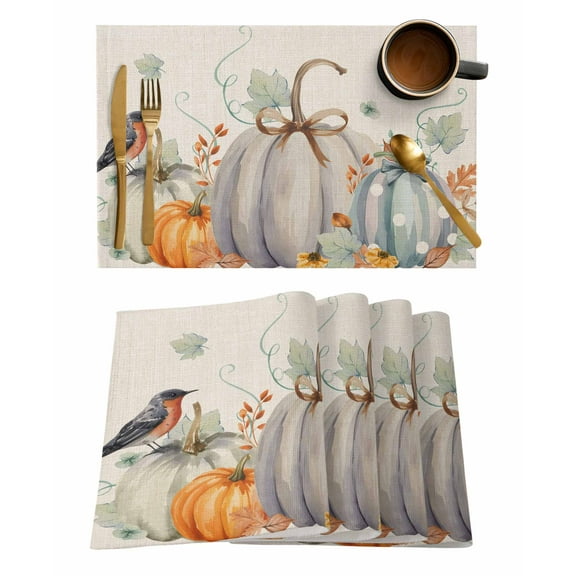 Watercolor Pumpkin Bird Placemats Set of 4 Hello Fall Farmhouse Thanksgiving Heat Insulation Washable Place Mats, Rustic Non-Slip Table Mats for Dining Table Party Kitchen Decor,13x19 Inch