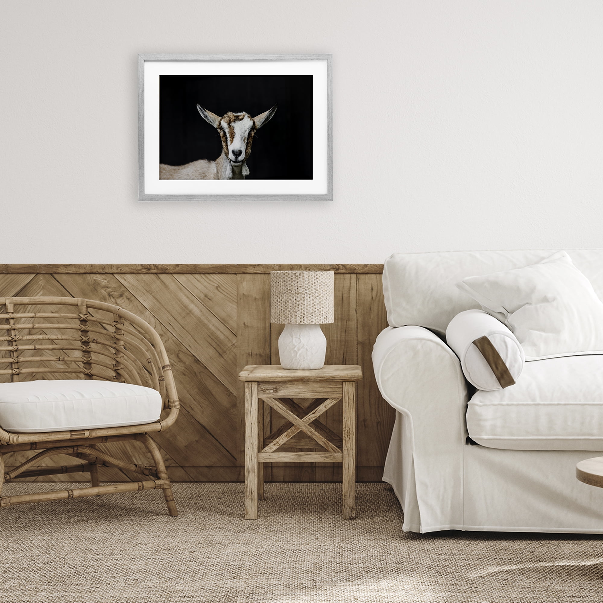 Goat Face over Black Gray Framed Print Under Glass, design by Amy Carroll