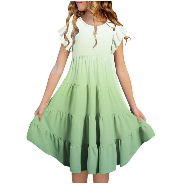 yoeyez 4-16 Robes pour Enfants Filles Fête Enfants Manches Volantées Robe Maxi à Volants Imprimé Dégradé Col Ras du Cou Robes Soleil Robe de Fête d'Anniversaire pour Enfant Vert, 6 Ans
